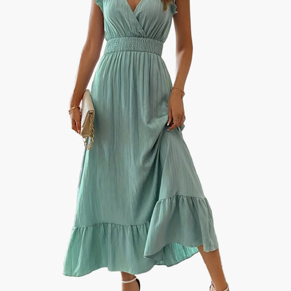 Robe longue élégante pour femme avec manches à volants et détail à la taille – Parfaite pour l'été et les vacances
