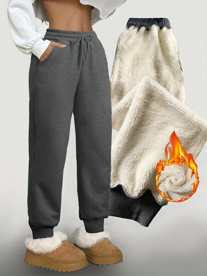 Gevoerde joggingbroek voor dames, warme vrijetijdsbroek met trekkoord