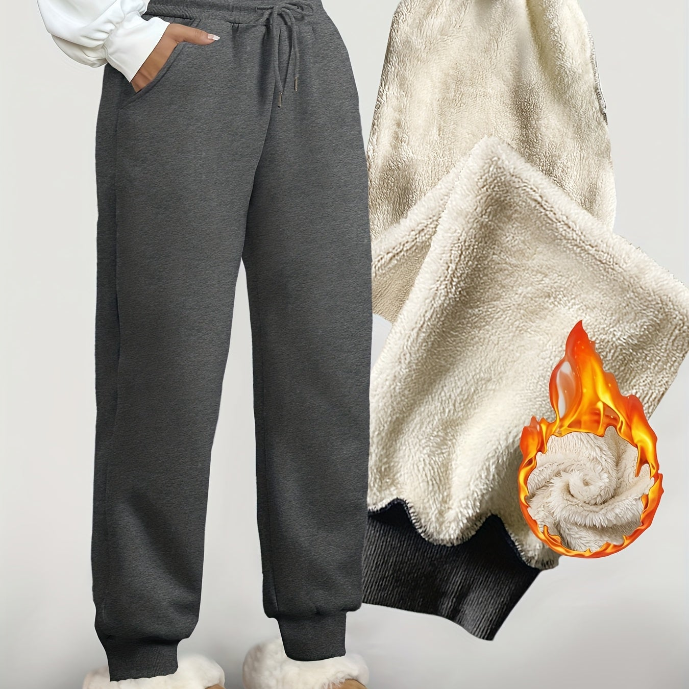 Gevoerde joggingbroek voor dames, warme vrijetijdsbroek met trekkoord
