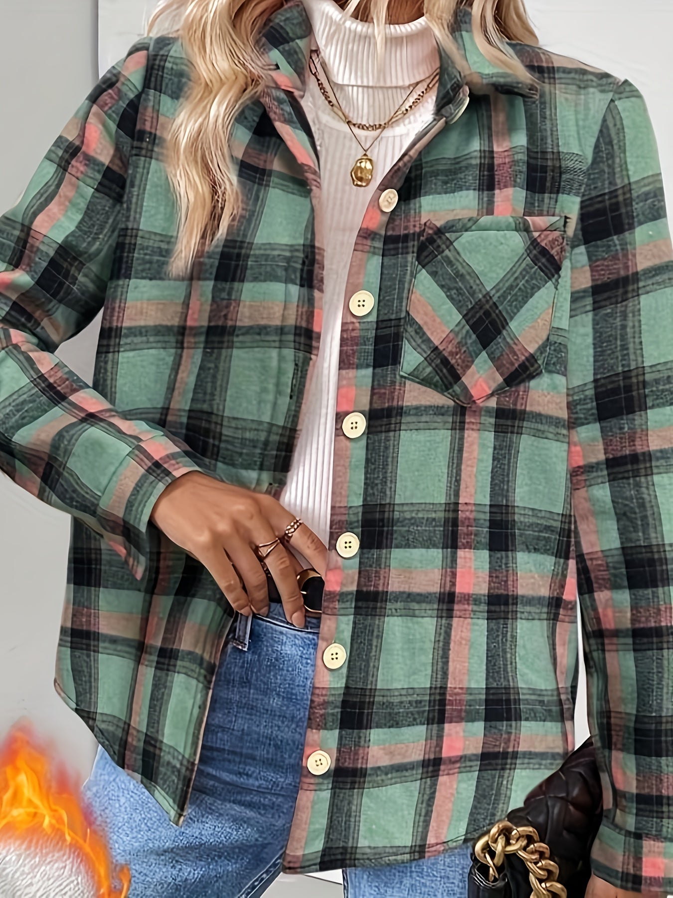 Camisa de cuadros para mujer con forro cálido – verde/rojo, manga larga