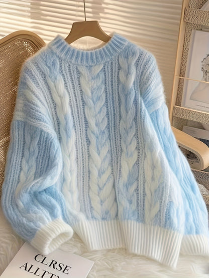 Damen Strickpullover Zopfmuster Blau Weiß Gemütlich Rundhals Langarm