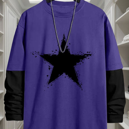 Herre-langærmet T-shirt med to-lagslook, stjerneprint og rund hals