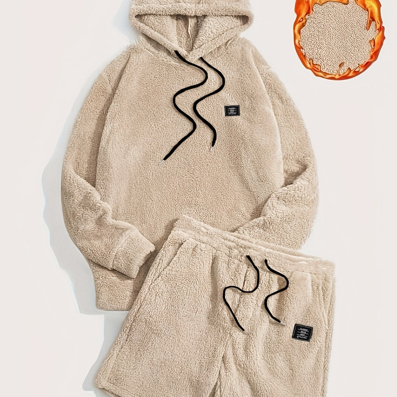 Unisex teddyfleece hoodie- en shortset met capuchon en trekkoord