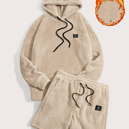 Unisex teddyfleece hoodie- en shortset met capuchon en trekkoord