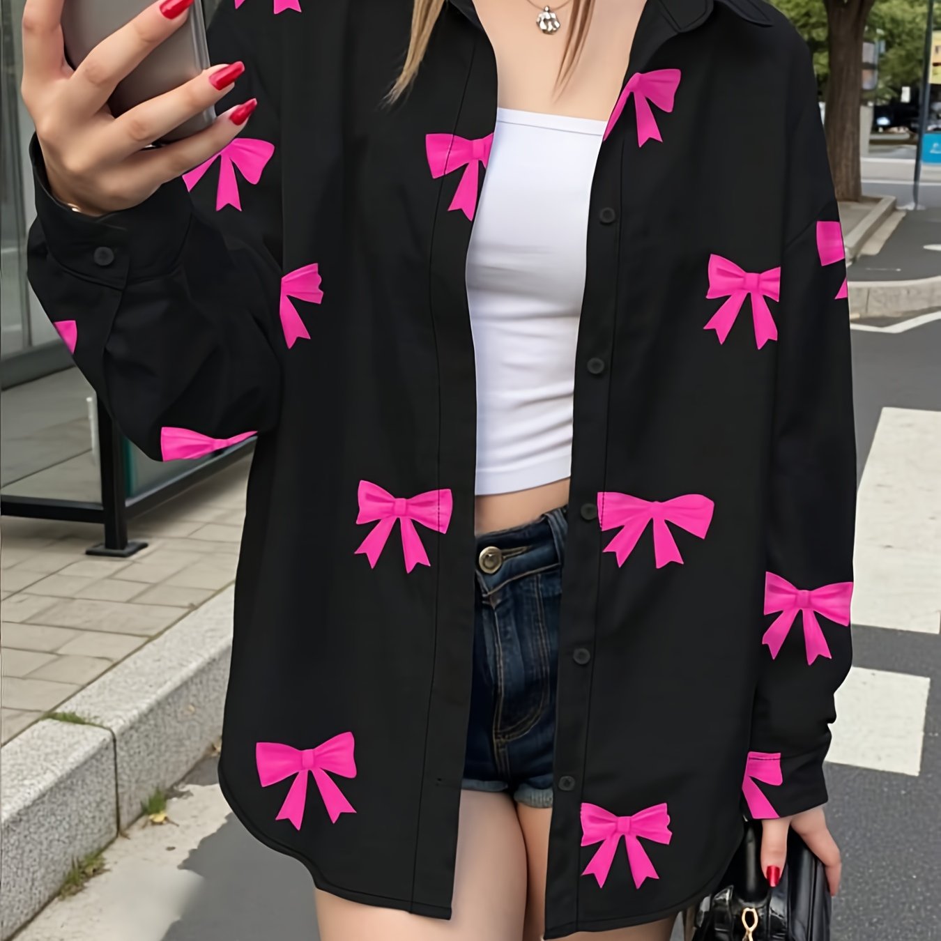 Camisa de mujer de manga larga con estampado de lazos en negro y rosa