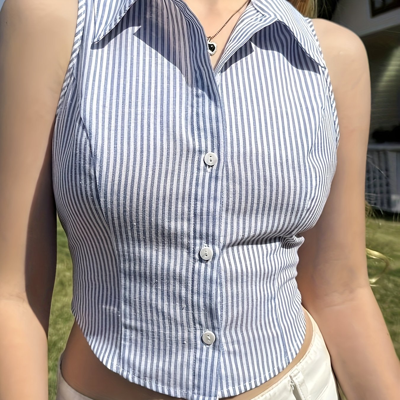 Dame ærmeløs bluse i korsetstil med striber og figursyet pasform – Moderne og elegant til hverdag og fest