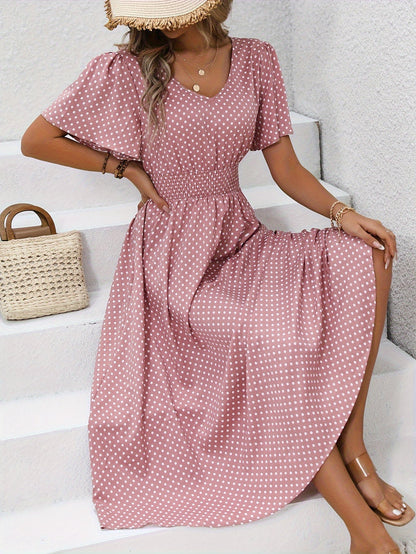 Robe décontractée à pois pour femme avec col en V et manches courtes – Élégante robe longue pour le printemps et l'été