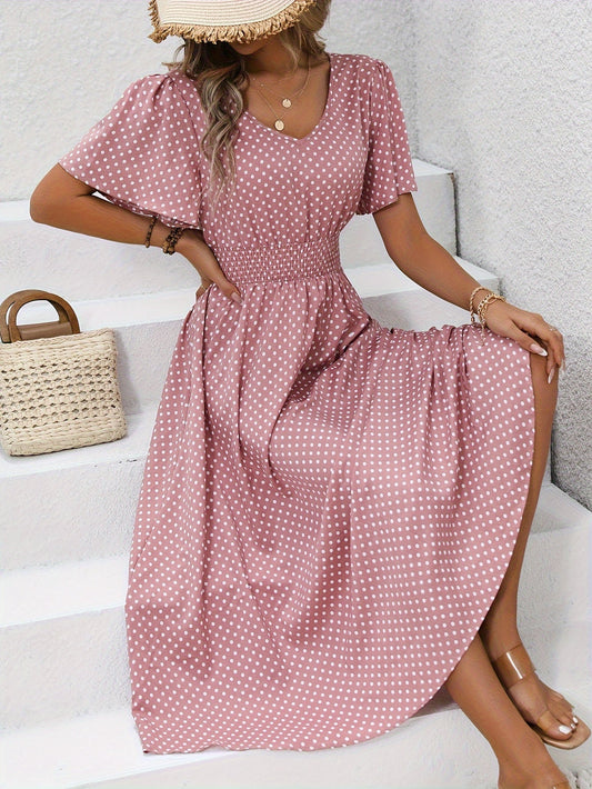 Dames polkadot vrijetijdsjurk met V-hals en korte mouwen – Elegante maxijurk voor lente en zomer