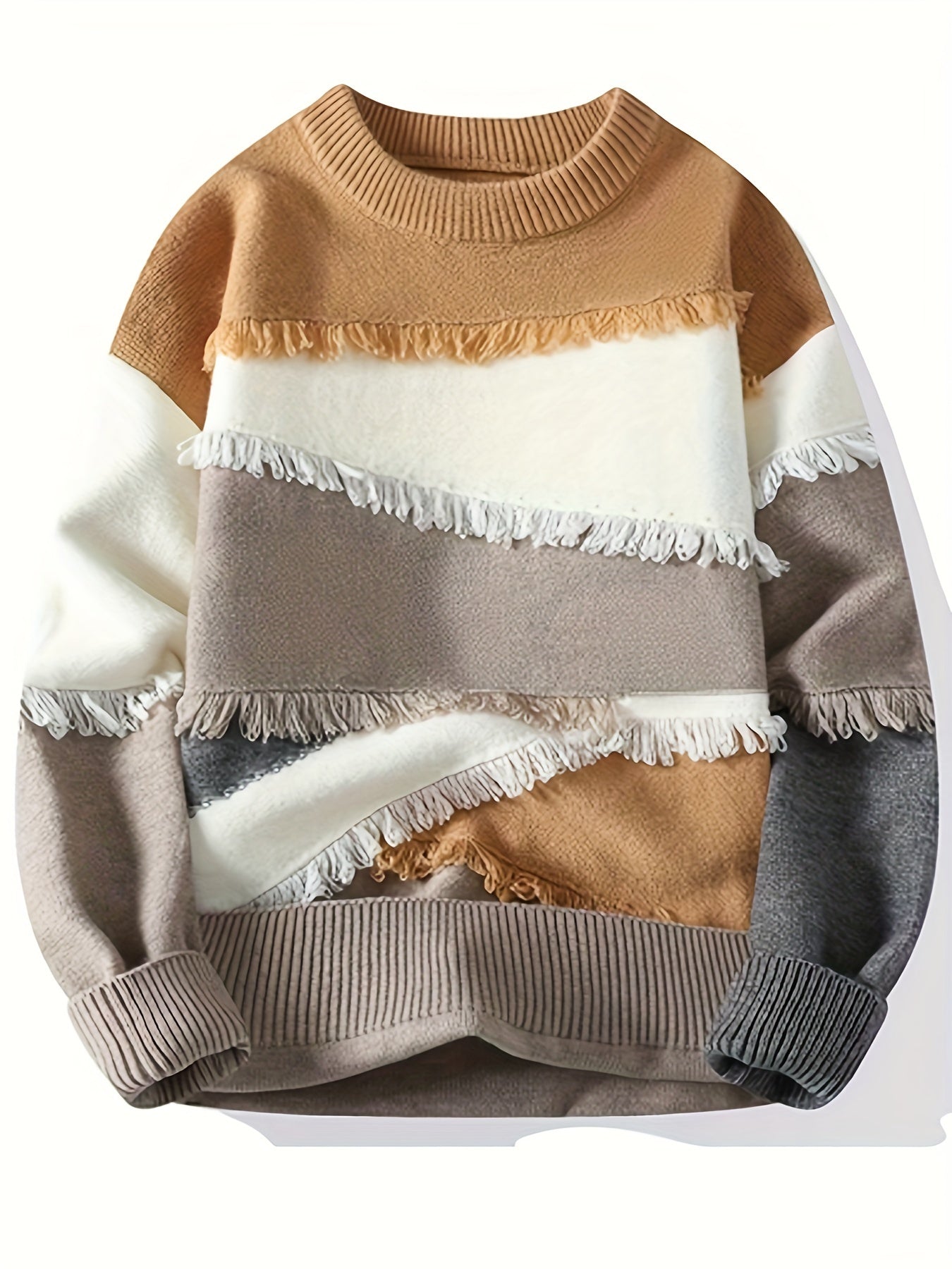 Unisex Patchwork Pullover mit Fransen Rundhals Langarm Strickpullover Mehrfarbig