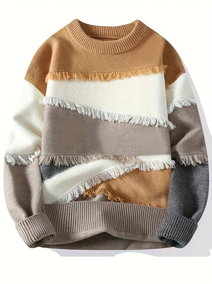 Unisex Patchwork Pullover mit Fransen Rundhals Langarm Strickpullover Mehrfarbig