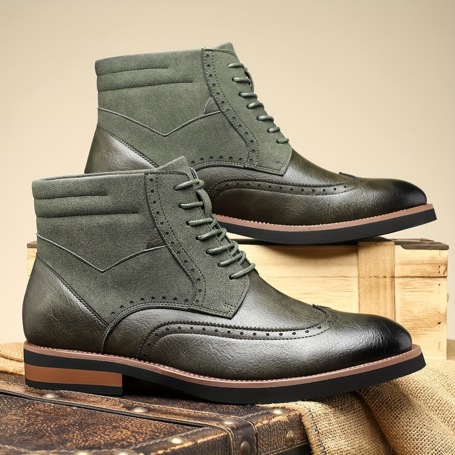 Herren Brogue Stiefel Schnürstiefeletten in Braun mit Kontrastmaterial