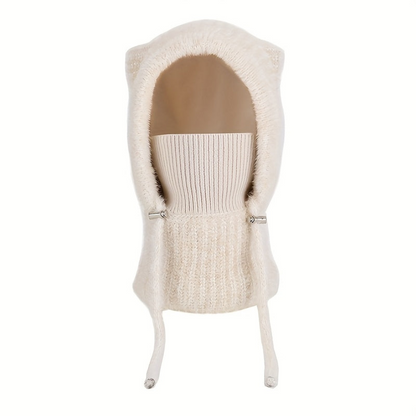 Gestrickte Balaklava-Mütze mit Katzenohren und Halsschutz für Damen