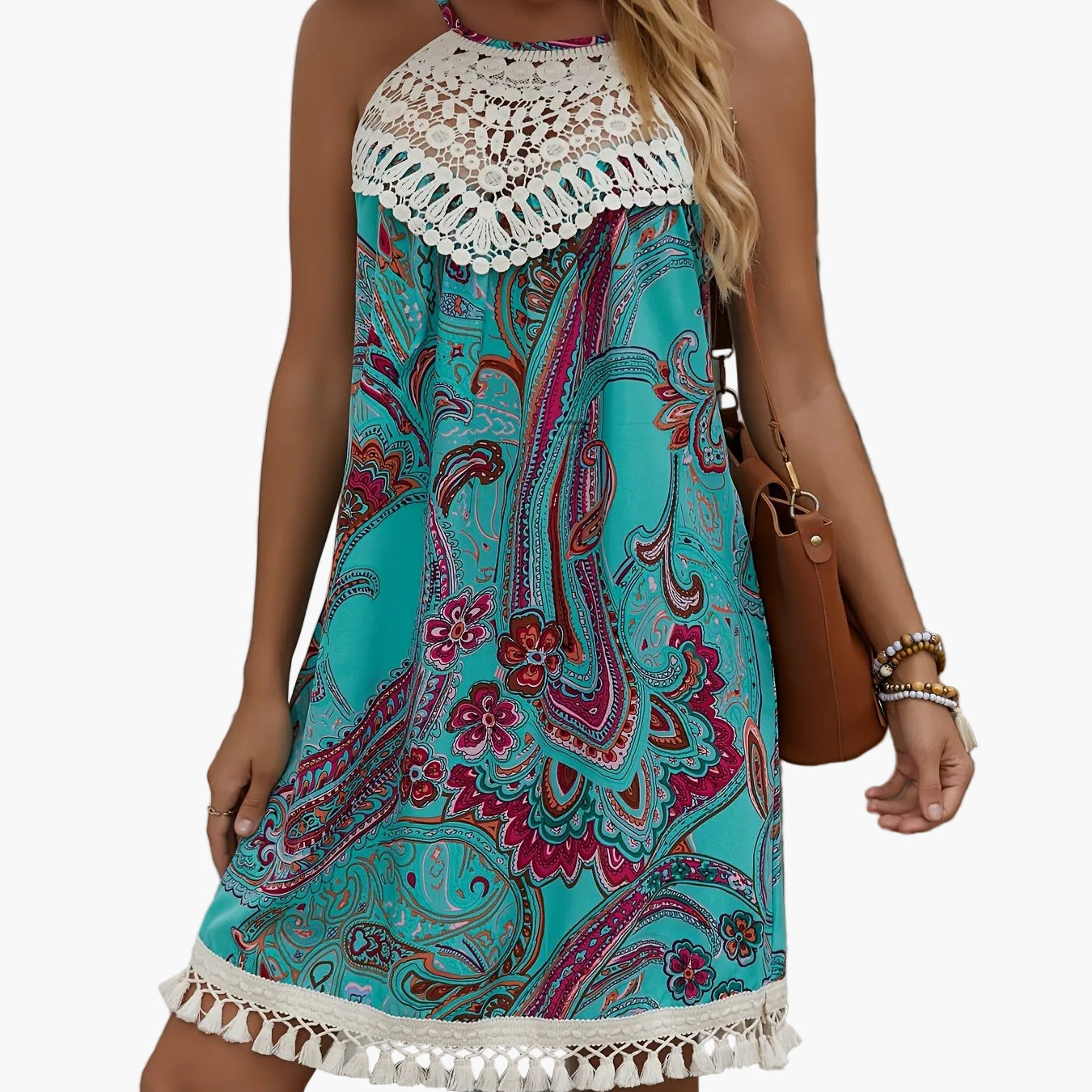 Damen Sommer Tunika Kleid im Boho-Stil mit Paisley-Print und Häkel-Details – Ideal für Strand und Freizeit