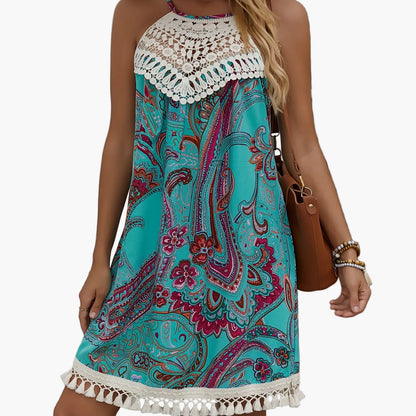 Damen Sommer Tunika Kleid im Boho-Stil mit Paisley-Print und Häkel-Details – Ideal für Strand und Freizeit