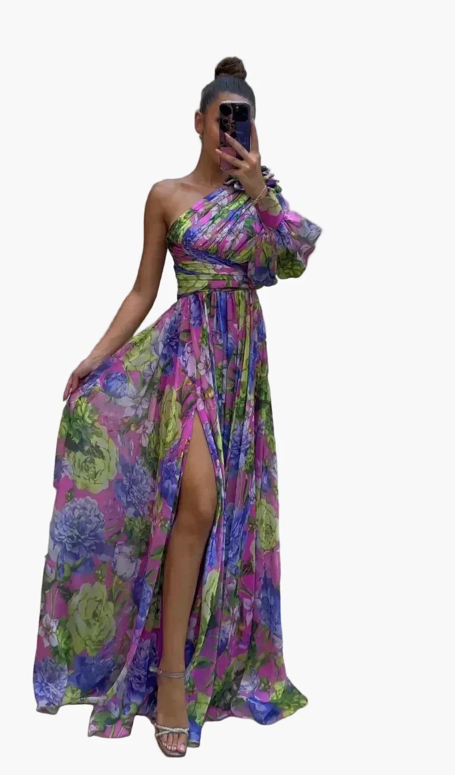 Damen Maxikleid One-Shoulder Blumenkleid Elegantes Sommerkleid für besondere Anlässe
