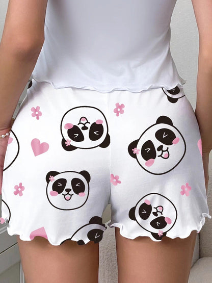 Dame sove-shorts med panda-mønster og sløjfe – Søde pyjamasshorts til forår og sommer