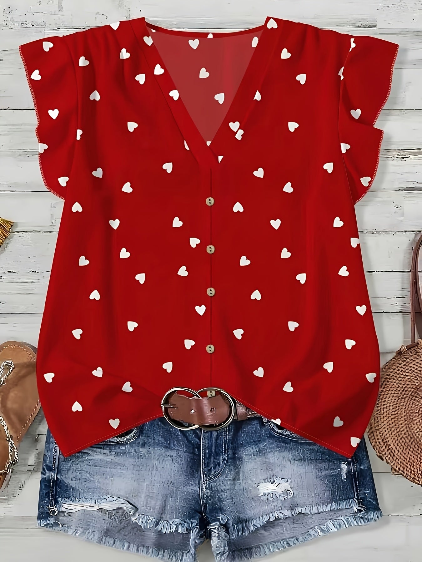 Blusa estiva da donna con motivo a cuore, scollo a V e abbottonatura, per tempo libero e uso quotidiano