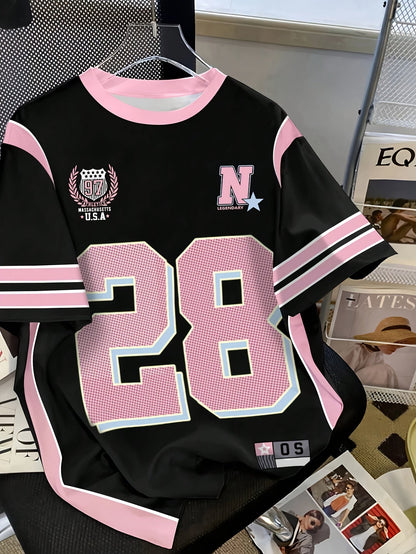 Dame Preppy Stil Sport Jersey T-shirt med nummer 28 og college-tryk – sommer fritidstøj