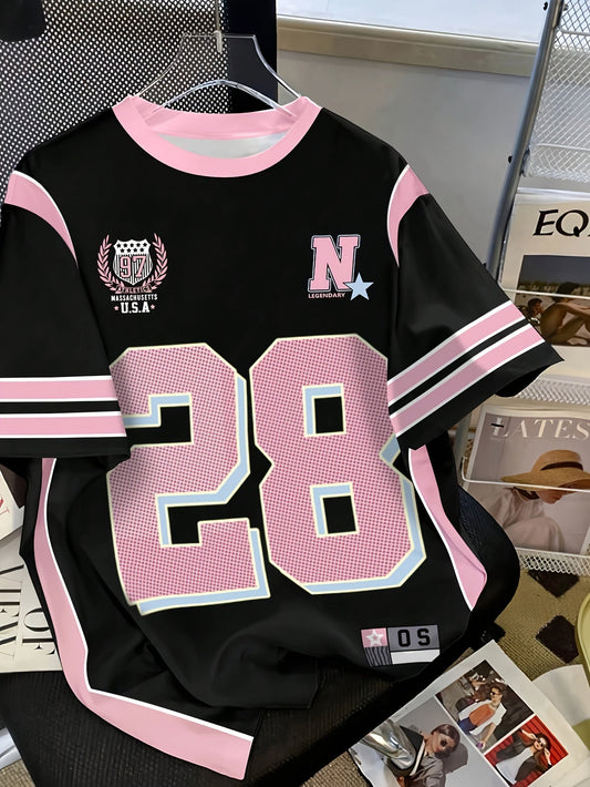 Damska sportowa koszulka typu jersey w stylu preppy z numerem 28 i nadrukiem college – letnia odzież casualowa