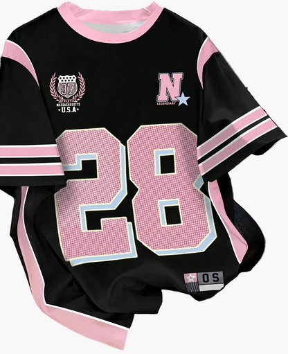 Dame Preppy Stil Sport Jersey T-shirt med nummer 28 og college-tryk – sommer fritidstøj