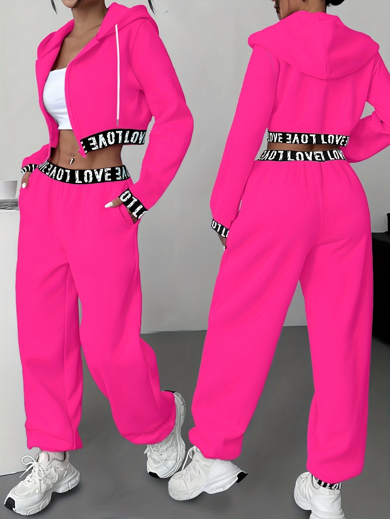 Sportieve dames-loungewear-tweedelige set met cropped hoodie en broek, band met het opschrift ‘LOVE’