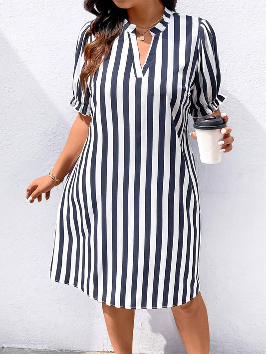 Robe décontractée femme à rayures verticales et col en V – Look élégant pour tous les jours