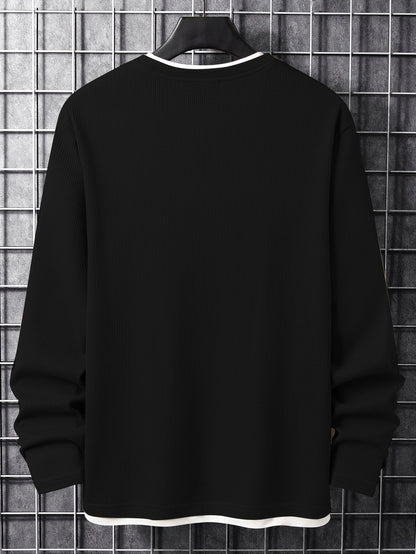 Langærmet herre-T-shirt med rund hals og strukturmønster i sort