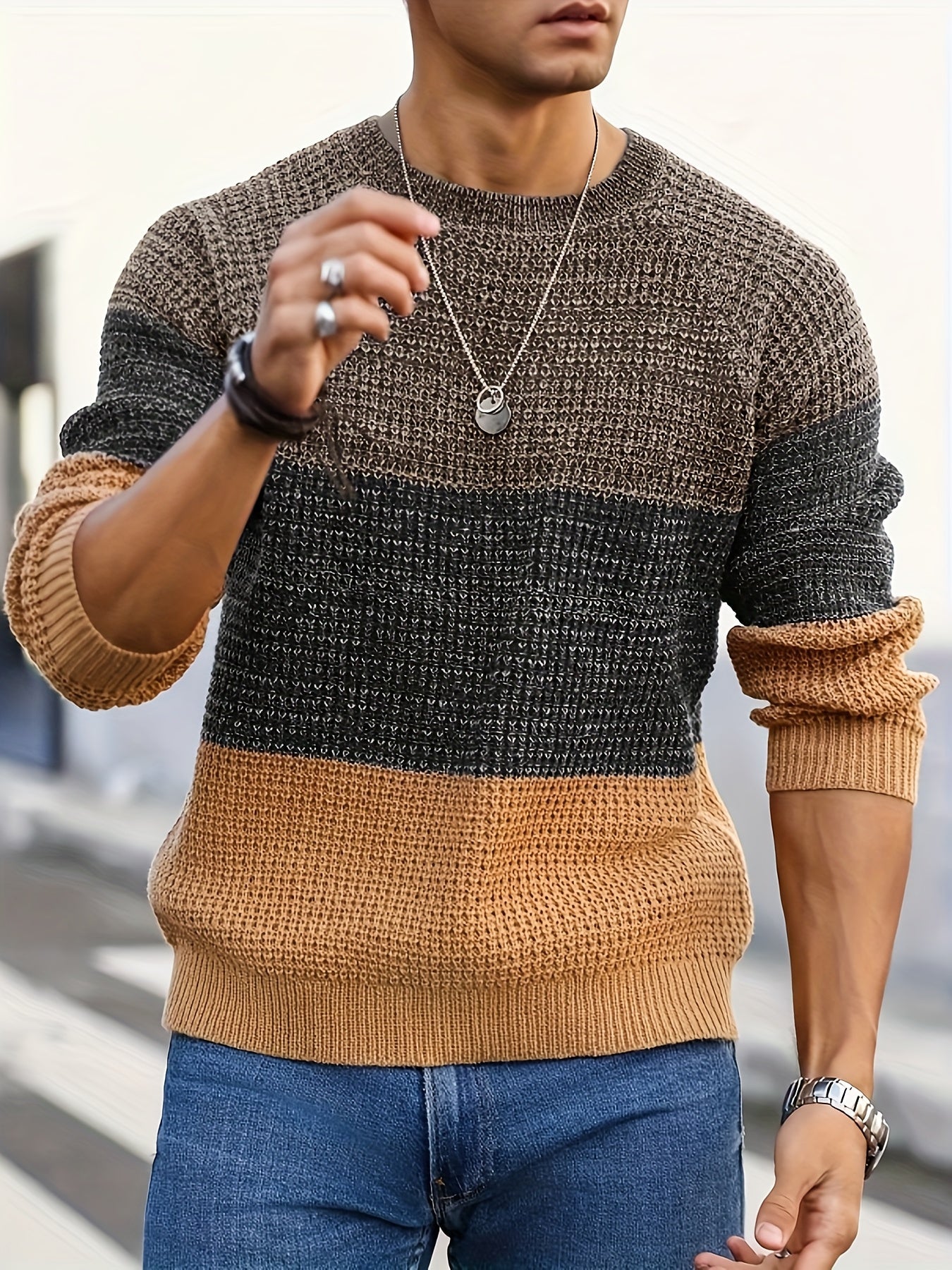 Herren Strickpullover Rundhals Mehrfarbig Gestreift Strukturstrick