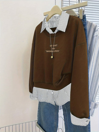 Damen Sweatshirt mit Hemdkragen-Optik & Schriftzug, Zweiteilig Marineblau Gestreift