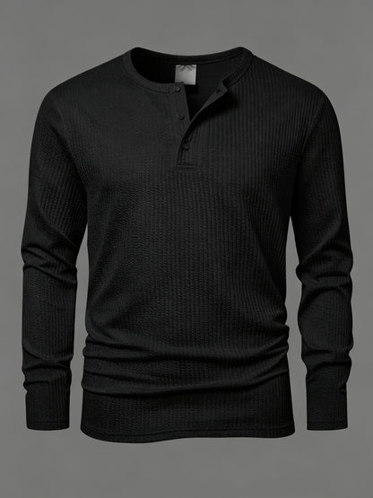 Camiseta de manga larga para hombre, de punto acanalado, con cuello Henley, informal