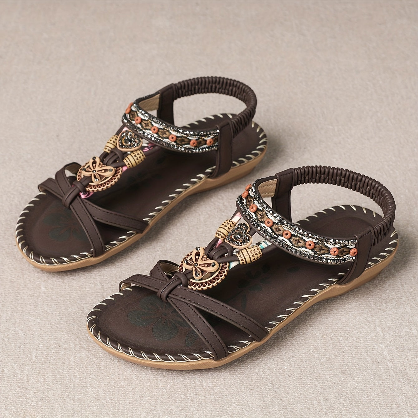 Sandalias bohemias para mujer con decoración étnica de perlas y plantilla cómoda – Tendencia de verano y ocio