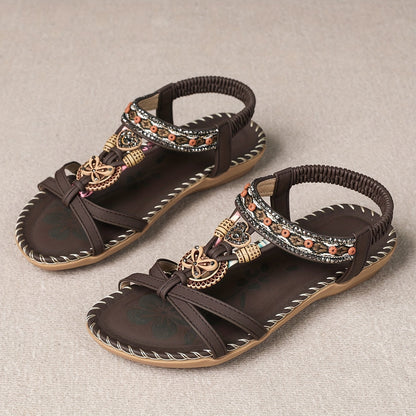 Sandalias bohemias para mujer con decoración étnica de perlas y plantilla cómoda – Tendencia de verano y ocio