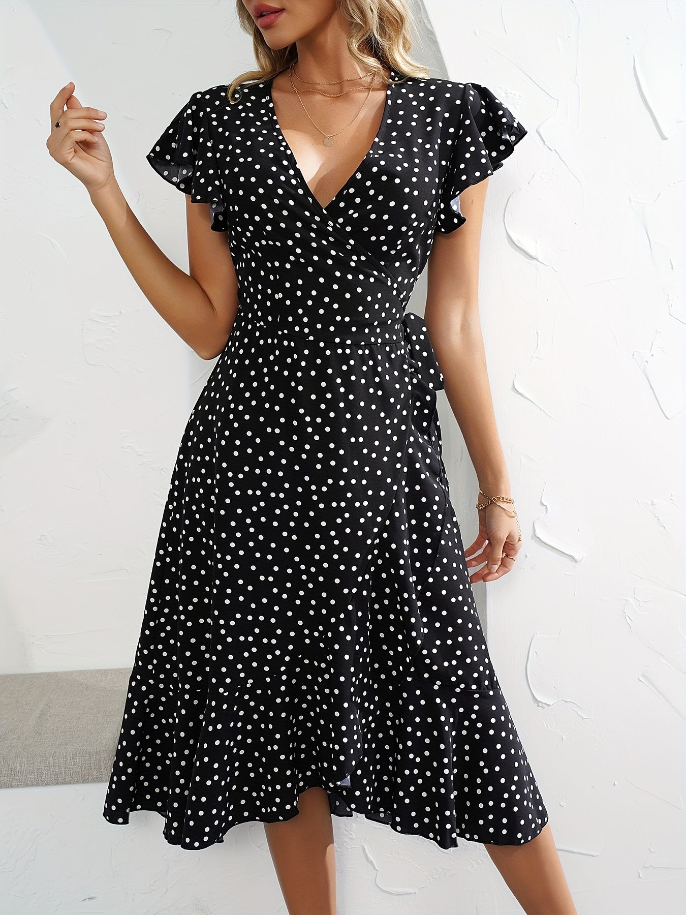 Damen Elegantes Polka Dot Wickelkleid für Freizeit & Sommer