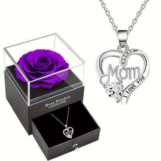 Dam Smyckeset Hjärtformat Halsband med Hänge 'Mom I Love You' och Presentask med Evig Ros – Elegant Morsdagspresent