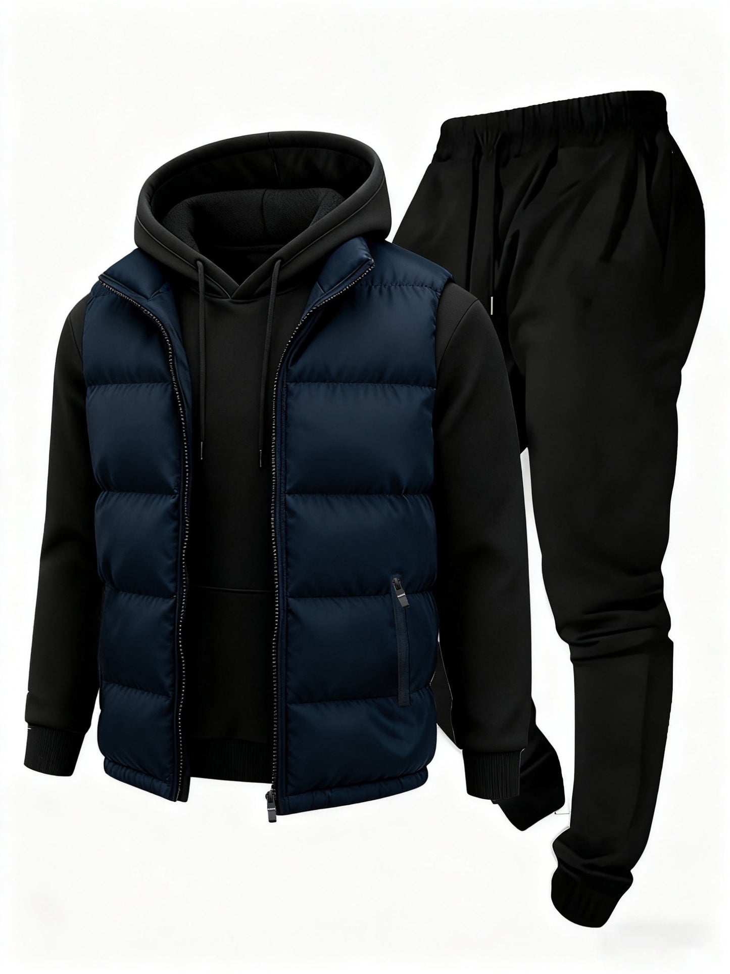 Herren Jogginganzug Set mit Hoodie, Hose und Weste, Schwarz