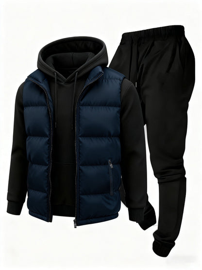 Herren Jogginganzug Set mit Hoodie, Hose und Weste, Schwarz