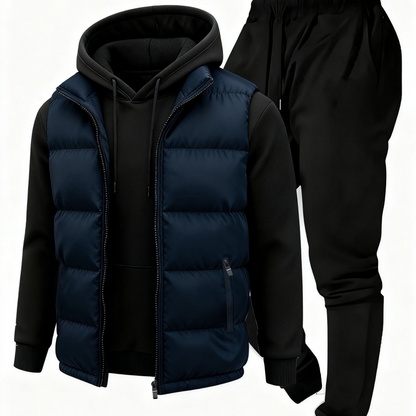 Herren Jogginganzug Set mit Hoodie, Hose und Weste, Schwarz