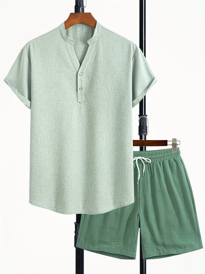 Herren Freizeit Zweiteiler Set Modern – Kurzarm Henley Shirt & Shorts für Sommer und Urlaub