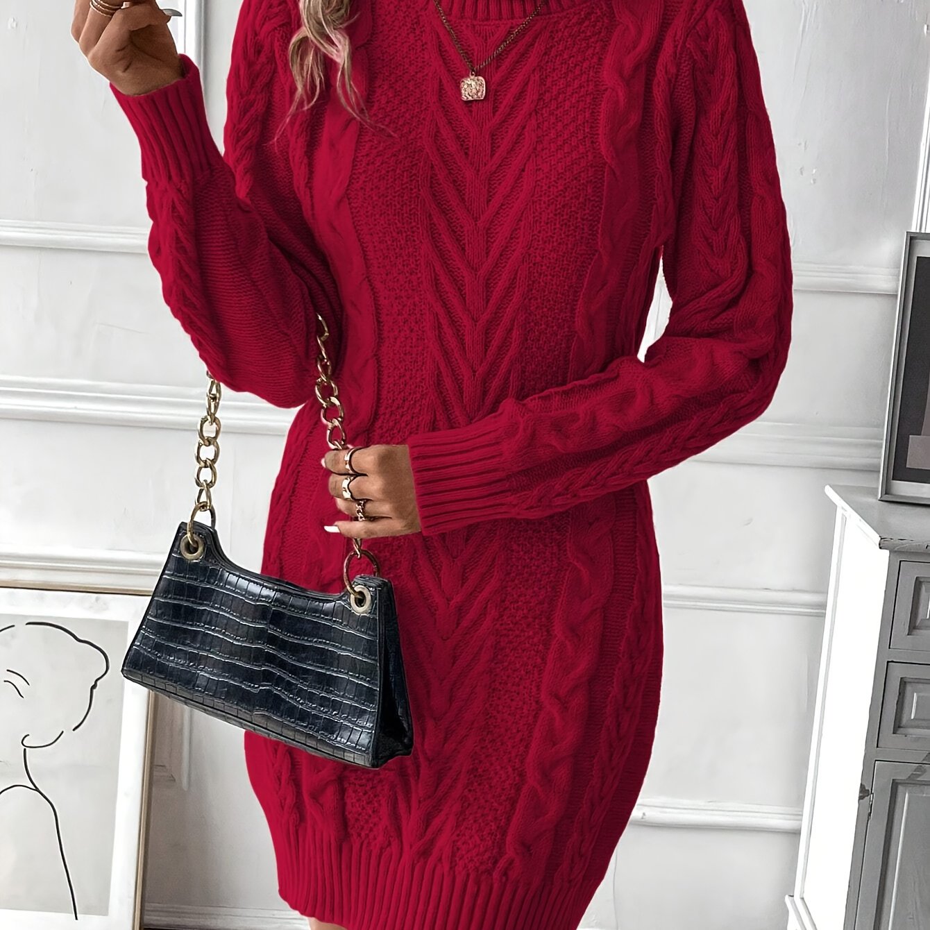 Damen Strickkleid Rollkragen Zopfmuster Langarm