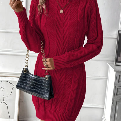 Damen Strickkleid Rollkragen Zopfmuster Langarm