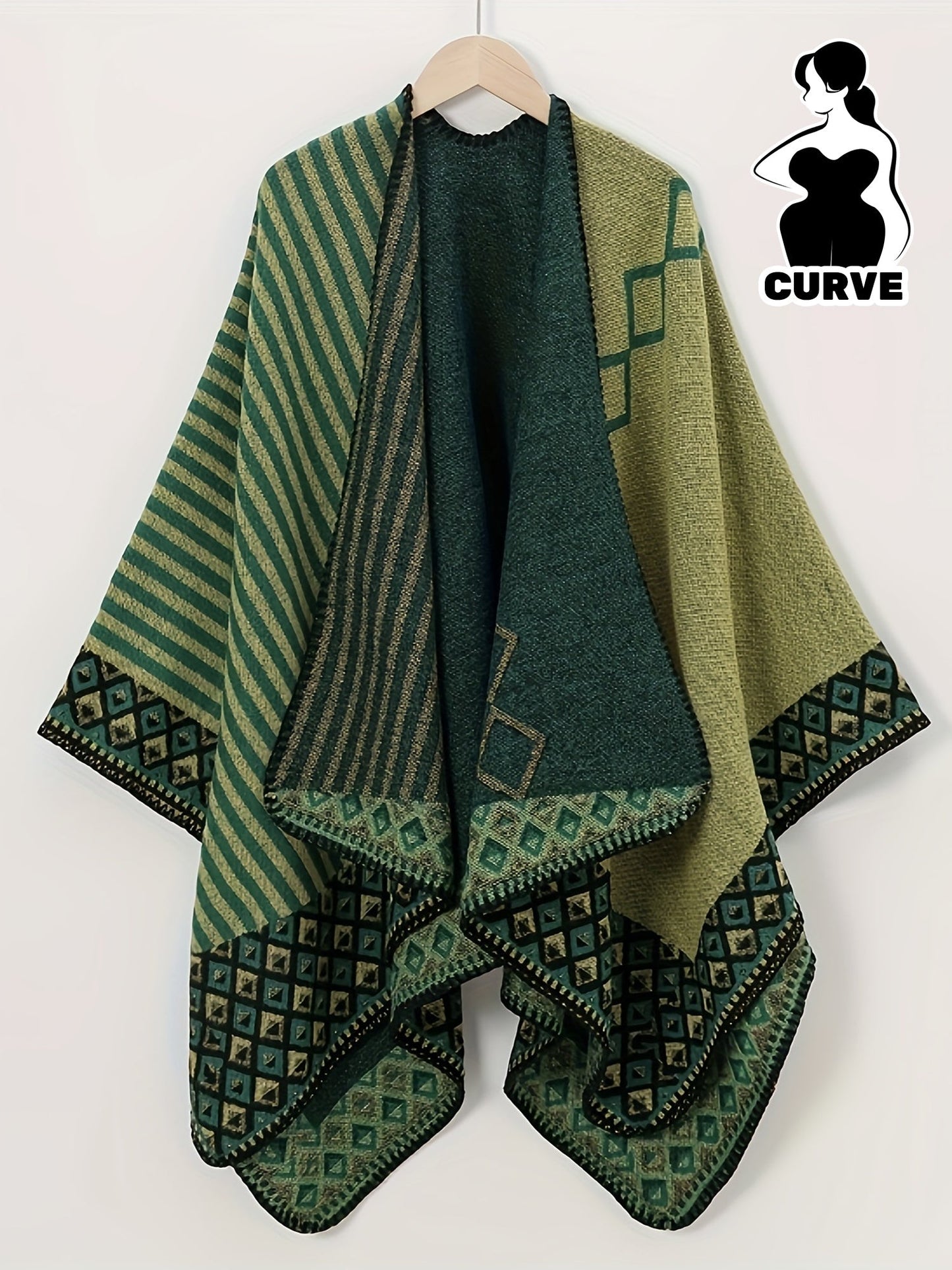 Poncho da donna multicolore verde con righe e motivo geometrico