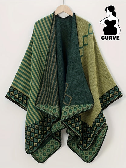 Poncho da donna multicolore verde con righe e motivo geometrico
