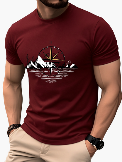 Herre T-shirt med kompas- og bjergmotiv – Outdoor eventyrstil, kortærmet, fritid