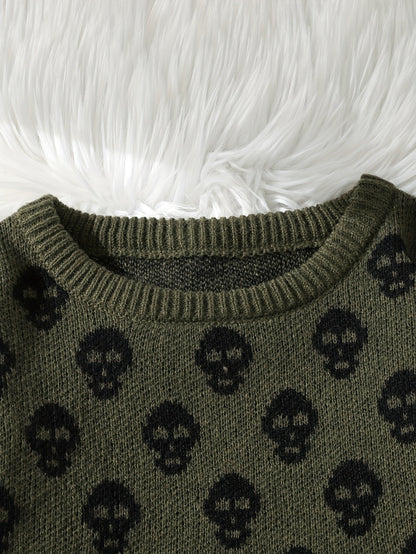Jersey de punto unisex con cuello redondo, estampado de calavera y manga larga