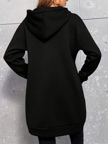 Damen Hoodie-Kleid Schwarz Langarm Kapuzenpullover Tunika Kängurutasche