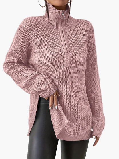 Damen Pullover Strickpullover mit Reißverschluss und Stehkragen – Modischer Herbst Winter Freizeit Look
