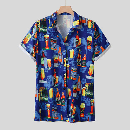 Chemise hawaïenne homme avec imprimé cocktails et bouteilles de bière – Chemise d'été Oktoberfest loisirs fête