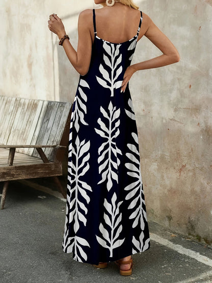 Robe maxi bohème femme avec motif de feuilles botaniques et bretelles spaghetti – robe d'été décontractée