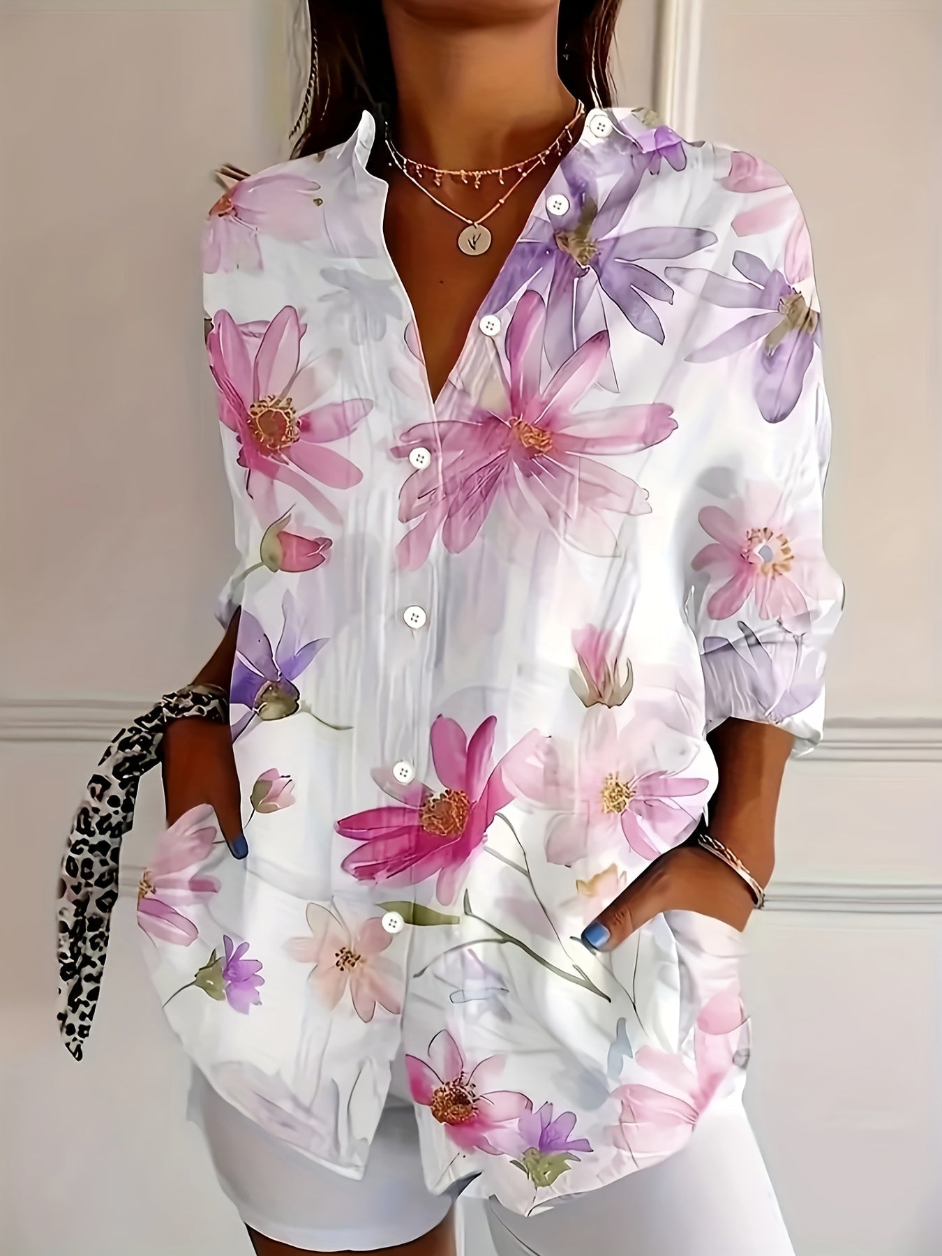 Damen Bluse mit Blumenmuster – Elegante Langarm Hemdbluse für Freizeit und Büro