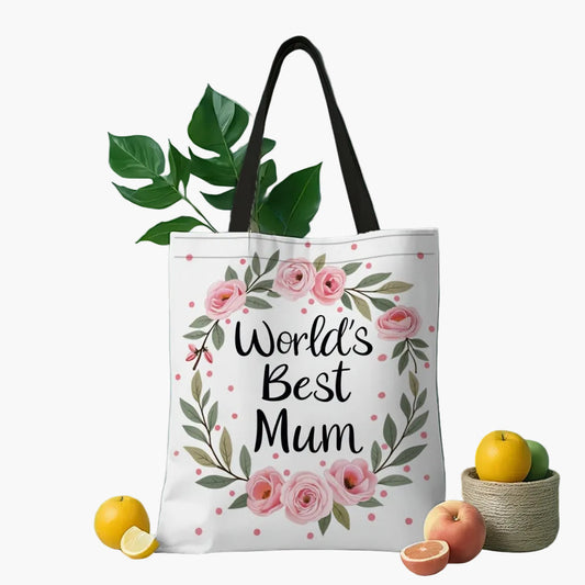Damen Shopperväska – Stilren bärkasse med blomkrans och texten 'World's Best Mum' – Perfekt present till mammor